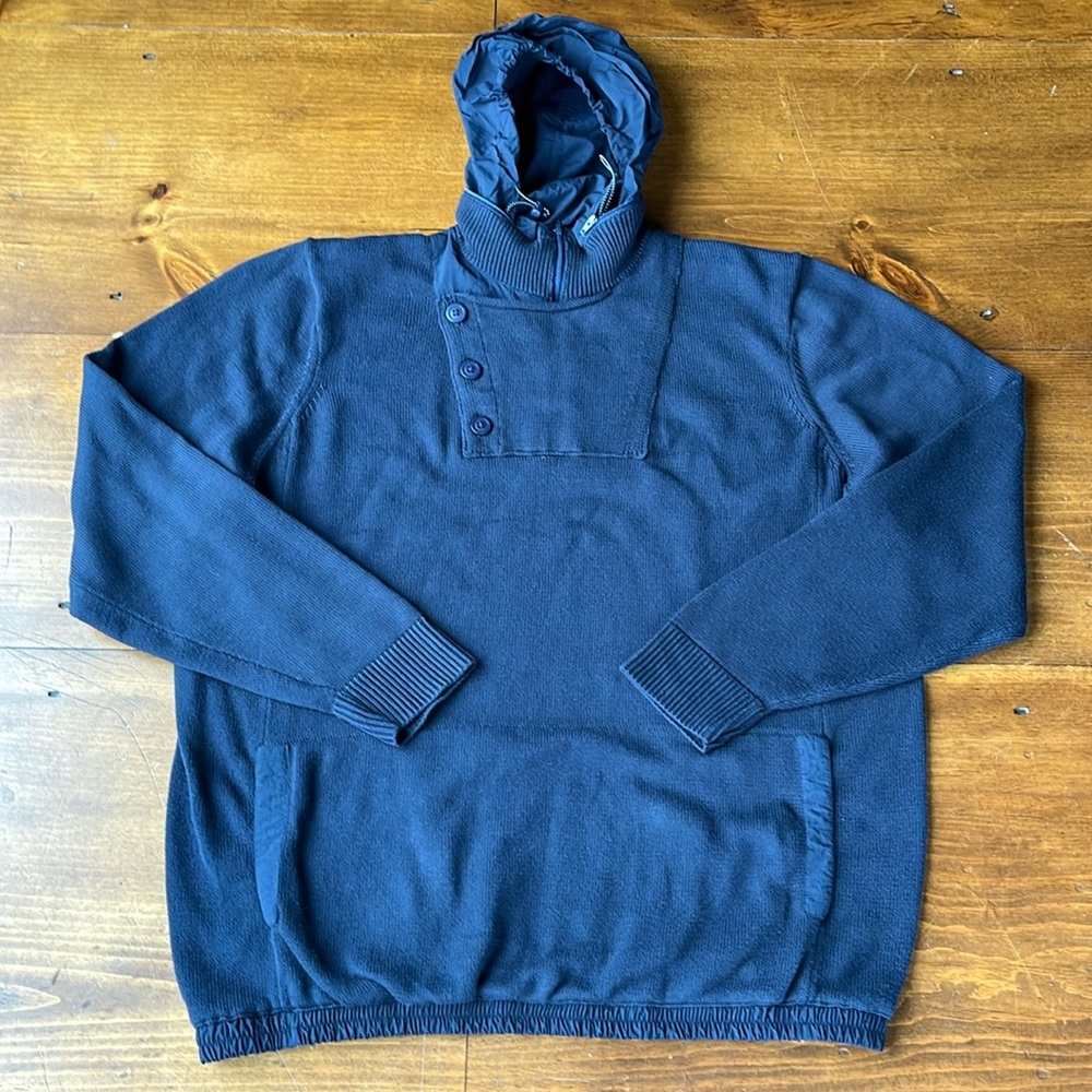 Orvis Navy Blue Knit Pullover Mechanics Zip Button Collar Hide Away Hood Sweater